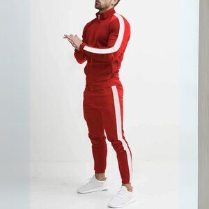 Men's Red & White Side Stripe Zip Up Top & Pants Athletic Outfit